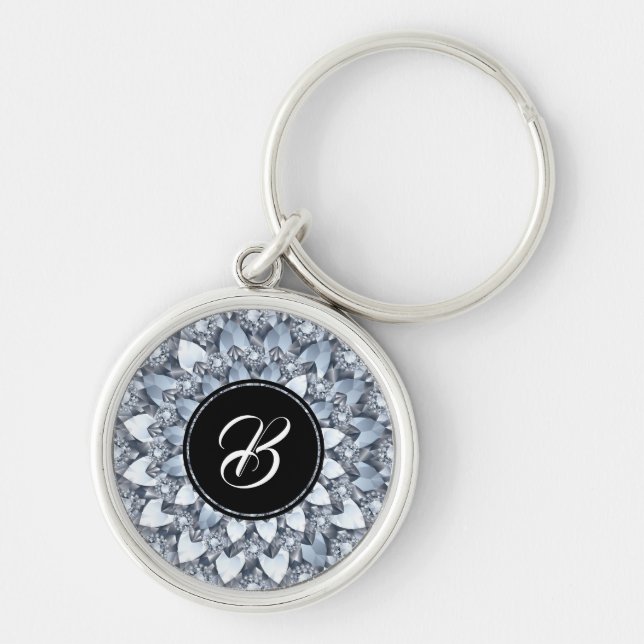 Crusted White Faux Diamonds Mandala With Monogram Key Ring (Front)