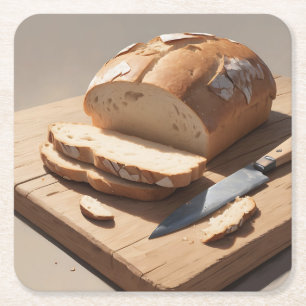Crusty Bread and Slices on Wooden Board Square Paper Coaster