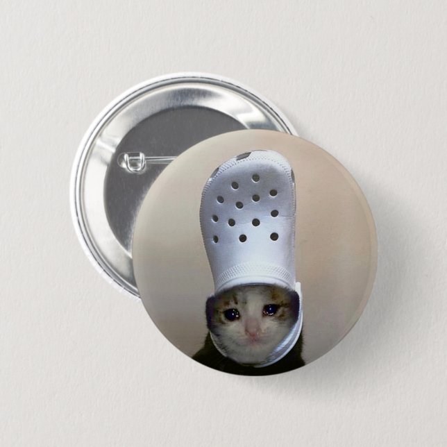 Crying Cat Croc Hat Meme Pin Button (Front & Back)