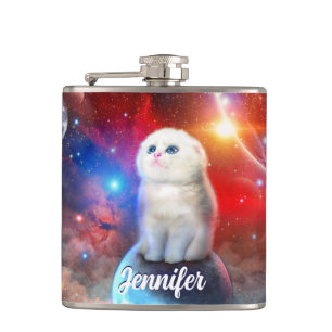 Crying cat in space hip flask