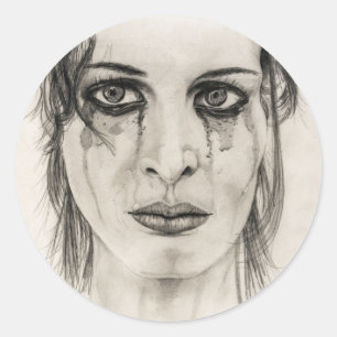 Crying girl - Drawing in pencil Classic Round Sticker