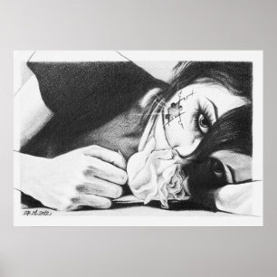 Crying girl with a rose and puzzle Poster print
