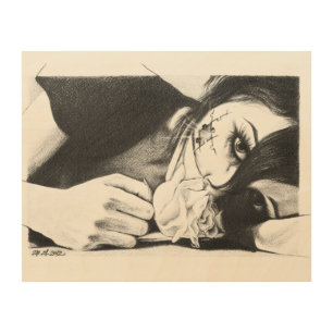 Crying girl with rose Surreal drawing Wood Wall Art