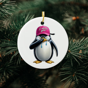 Crying penguin wearing I miss you pink cap Ceramic Tree Decoration