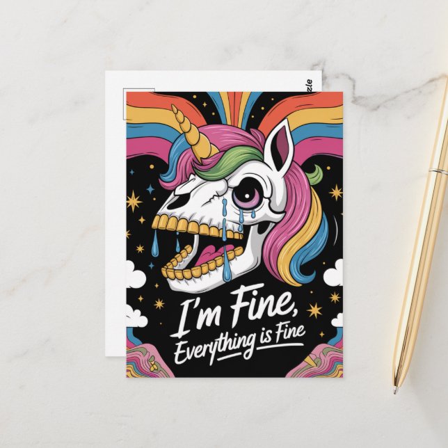 Crying Unicorn Skull Im Fine Everything is Fine Postcard (Front/Back In Situ)