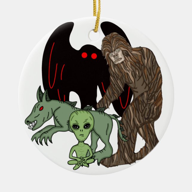 Cryptid Big foot, Chupacabra, Mothman, Alien Ceramic Tree Decoration (Front)