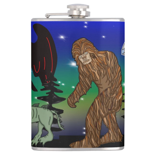 Cryptid, UFO,  Big Foot, Chupacabra, Alien Mothman Hip Flask (Front)