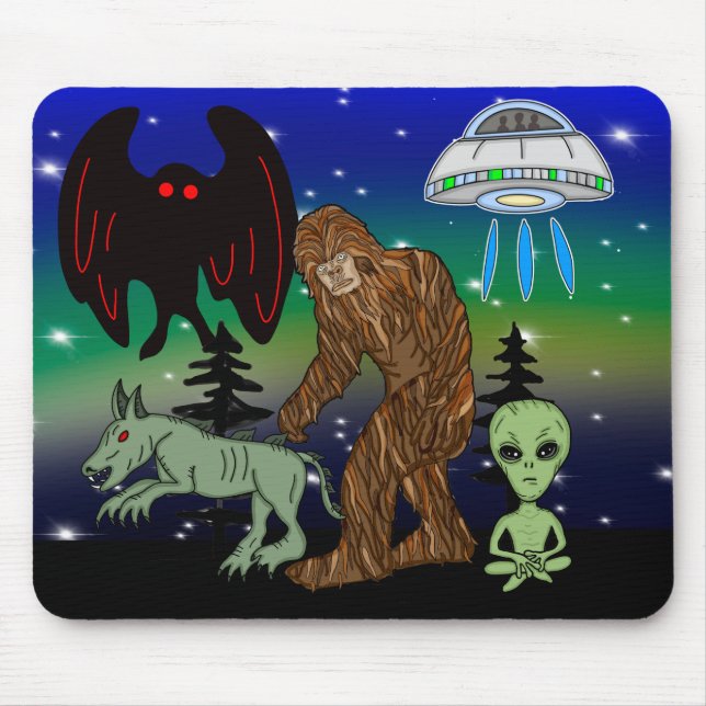 Cryptid, UFO,  Big Foot, Chupacabra, Alien Mothman Mouse Mat (Front)