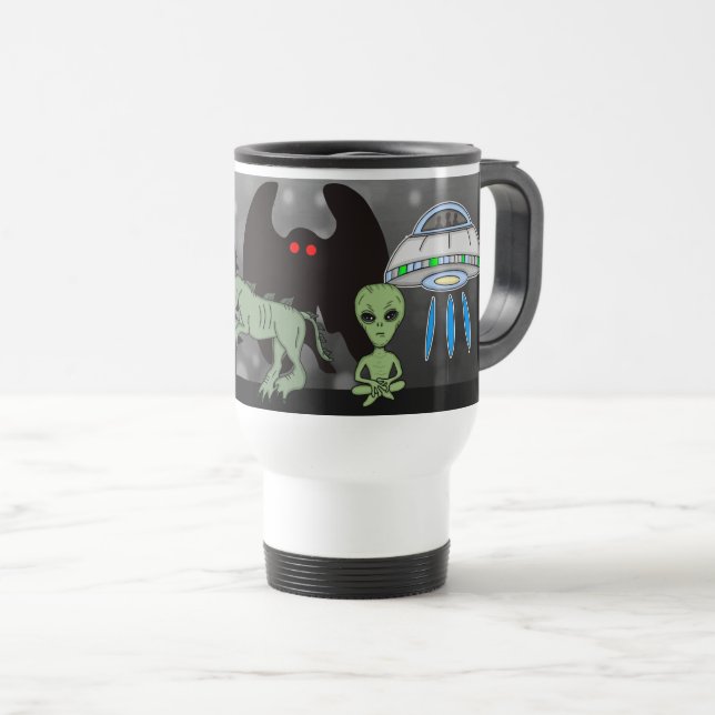 Cryptid, UFO,  Big Foot, Chupacabra, Alien Mothman Travel Mug (Front Right)