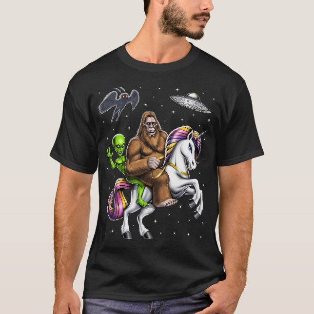 Cryptids Bigfoot Alien Riding Unicorn T-Shirt (Front)
