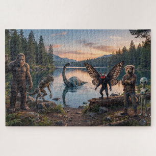 Cryptids Bigfoot, Chupa, Mothman, Dogman Loch Jigsaw Puzzle