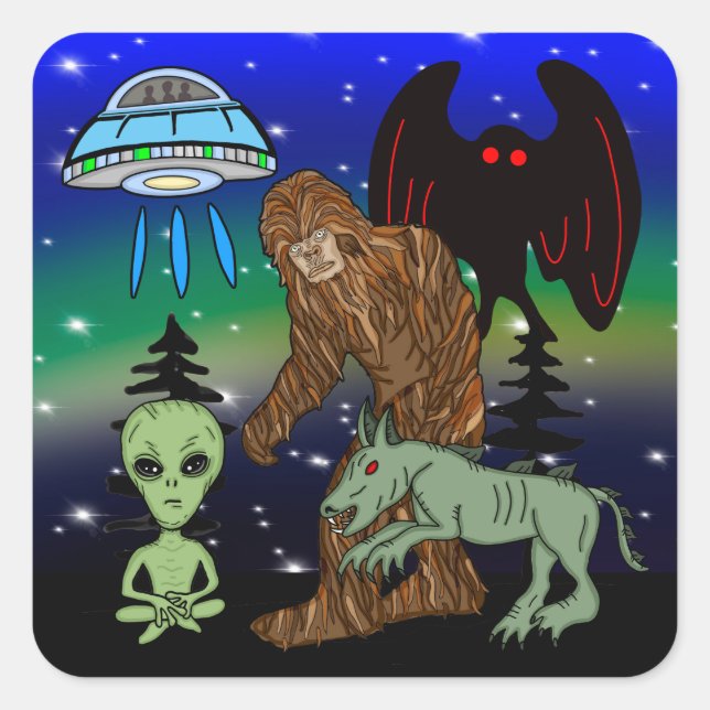 Cryptids, Bigfoot, Sasquatch, Mothman, Alien, UFO  Square Sticker (Front)