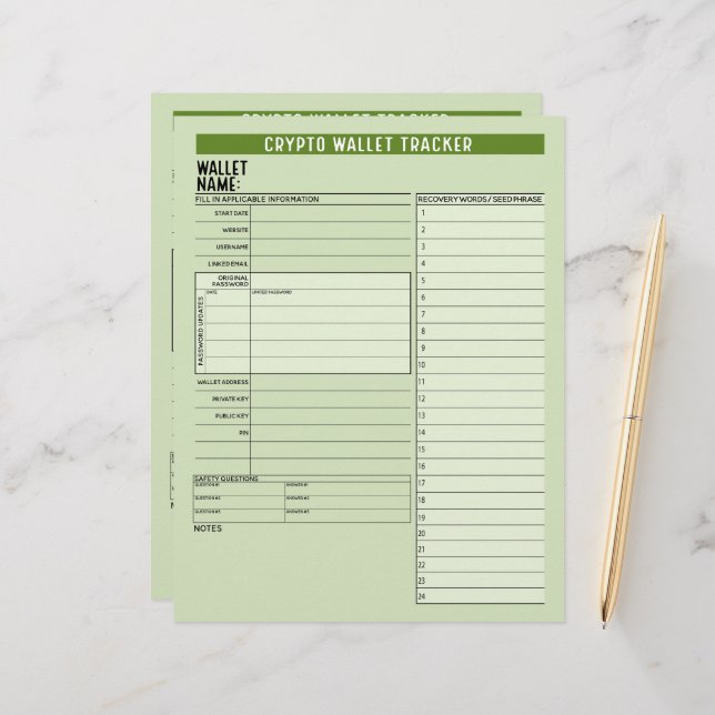 Crypto Wallet Password Keeper Recovery Seed Phrase Custom Letterhead (Front/Back In Situ)