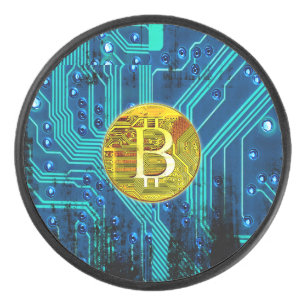 Cryptocurrency Bitcoin and Circuitboard Hockey Puck