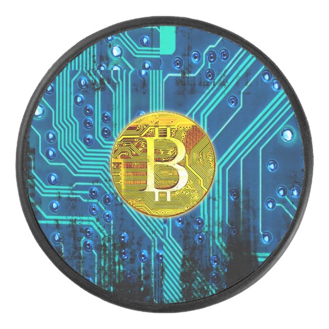 Cryptocurrency Bitcoin and Circuitboard Hockey Puck (Front)
