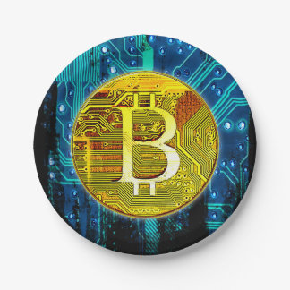 Cryptocurrency Bitcoin and Circuitboard Paper Plate
