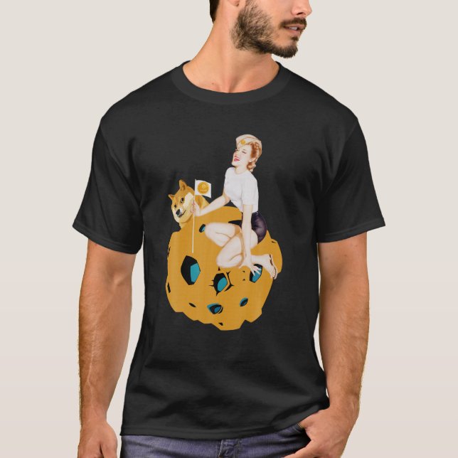 Cryptocurrency Pin-Up Girl Hodling Dogecoin Doge C T-Shirt (Front)