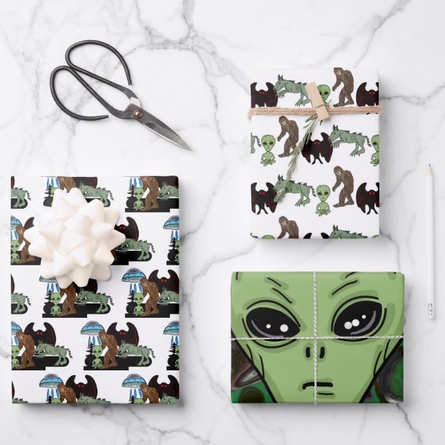 Cryptozoology Cryptids Big Foot Alien Mothman Wrapping Paper Sheet (Front)