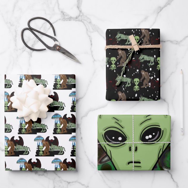 Cryptozoology Cryptids Big Foot Alien Mothman  Wrapping Paper Sheet (Front)