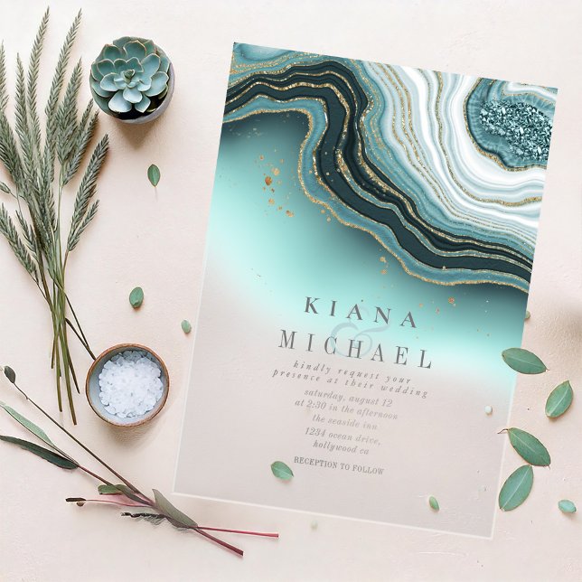 Crystal Agate Wedding Teal Transparent ID825 Acrylic Invitations (Creator Uploaded)