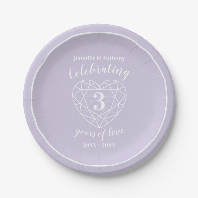 Crystal anniversary 3 years personalised party paper plate (Front)