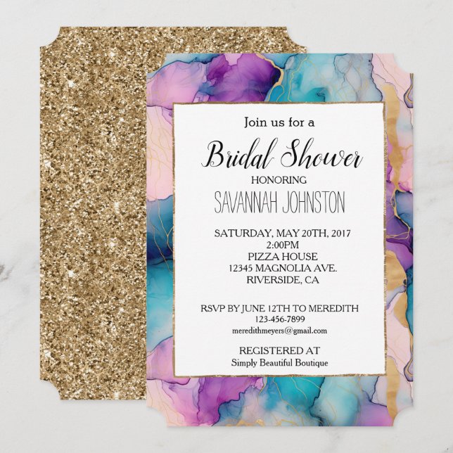 Crystal Aqua Blue Purple Pink Bridal Shower Invitation (Front/Back)