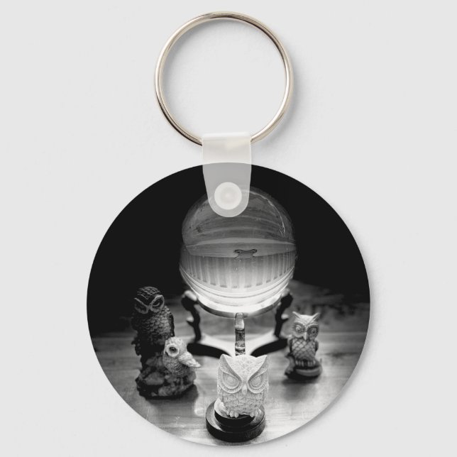 Crystal Ball and Ornamental Owls Metal Key Ring (Front)
