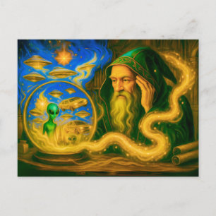 Crystal ball mage in oil-painted vision holiday postcard