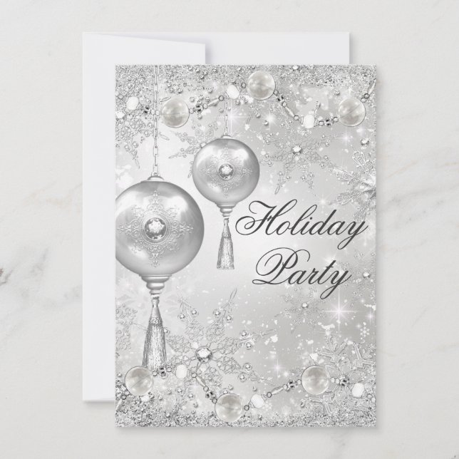 Crystal Bauble & Snowflake Christmas Holiday Party Invitation (Front)