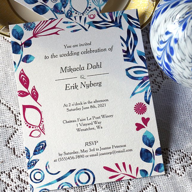 Crystal Blue and Deep Pink Wedding Invitation (Magenta & Blue Leaves & Flowers Decorative Border Wedding Invitation)