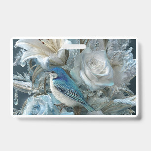 Crystal Blue Bird & Glass Flower Badge. ID Badge