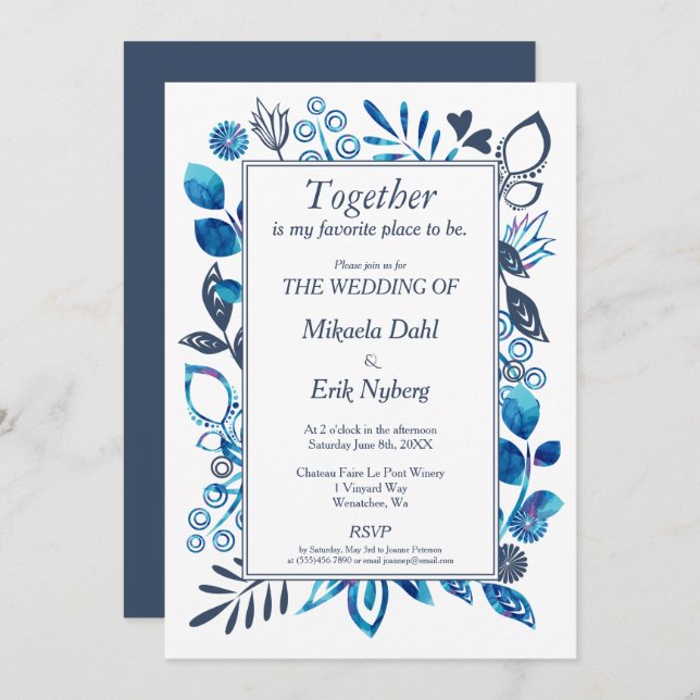 Crystal Blue & Blue-Grey Floral Pattern Invitation (Front/Back)
