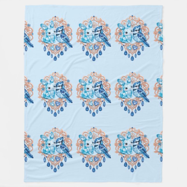 Crystal Blue Bunny and Blue Jay Heart Fleece Blanket (Front)