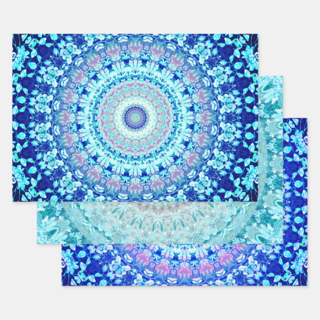 Crystal Blue Floral Mandala  Wrapping Paper Sheet (Set)