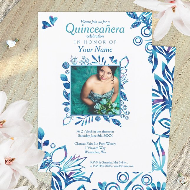 Crystal Blue Pattern Quinceanera Invitation (royal blue floral quinceanera invitation with ornate photo border)