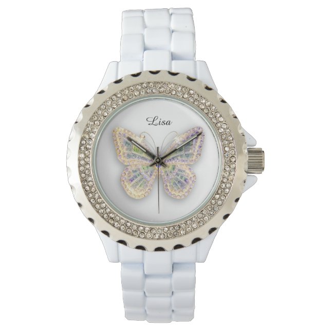Crystal Butterfly - Sporty White Silicon Watch (Front)