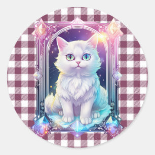 Crystal Cat Purple Black Plaid Cute White Kitten Classic Round Sticker