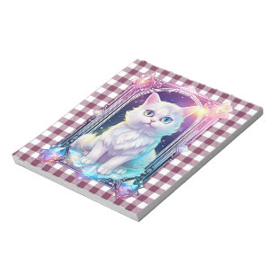 Crystal Cat Purple Black Plaid Cute White Kitten Notepad