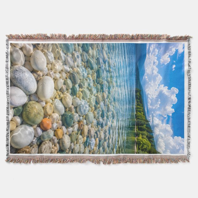 Crystal Clear Mountain Lake Pebble Shore Throw Blanket (Front)