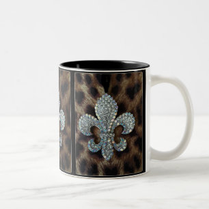CRYSTAL FLEUR DE LIS ON LEOPARD BORDER PRINT Two-Tone COFFEE MUG