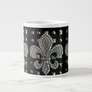 CRYSTAL FLEUR DE LIS ON STUDDED BLACK BACKGROUND LARGE COFFEE MUG