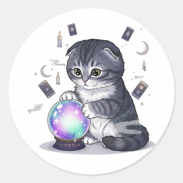Crystal Fold – Cute Scottish Fold Cat Halloween Classic Round Sticker (Front)