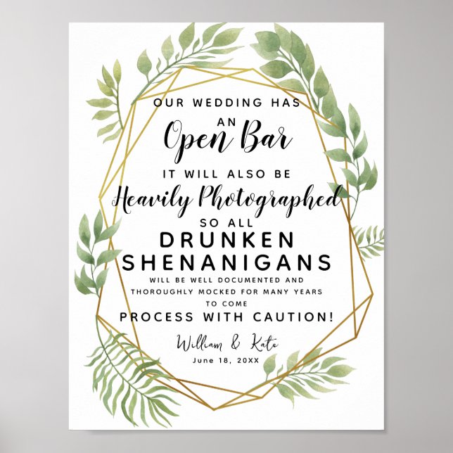 Crystal foliage greenery Open Bar wedding sign (Front)