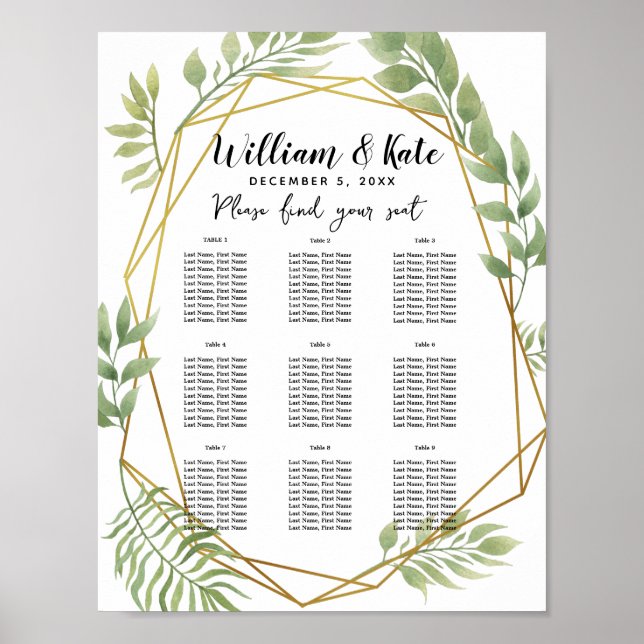 crystal Foliage greenery  Table plan party/wedding Poster (Front)