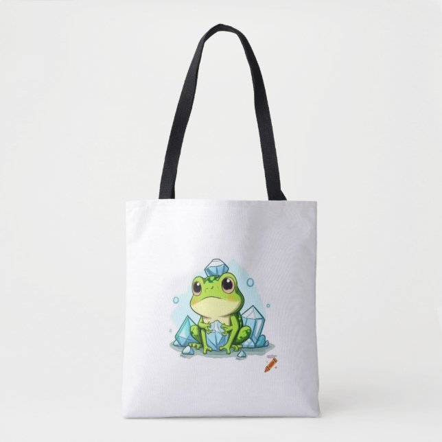 "Crystal Frog Tote Bag: Cute Frog Holding Crystals (Front)