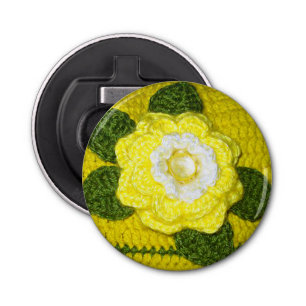 Crystal Gem Yellow Rose Green Leaves Crochet Print Bottle Opener