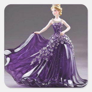 Crystal glass princess with purple dress square sticker
