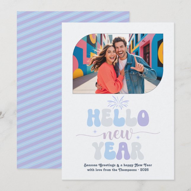 Crystal Glow Hello New Year Blue Retro Photo Holiday Card (Front/Back)