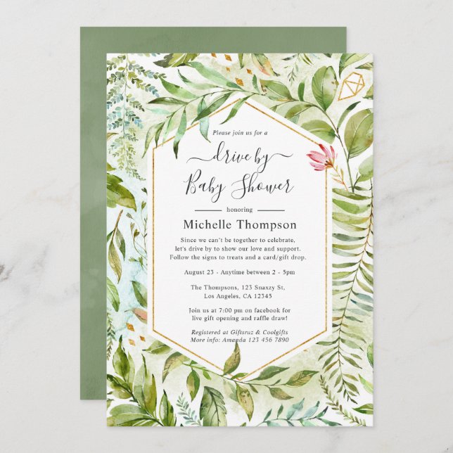 Crystal Greenery Drive By Bridal or Baby Shower Invitation (Front/Back)