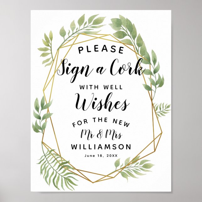 Crystal  greenery leaf Sign a Cork party/wedding (Front)